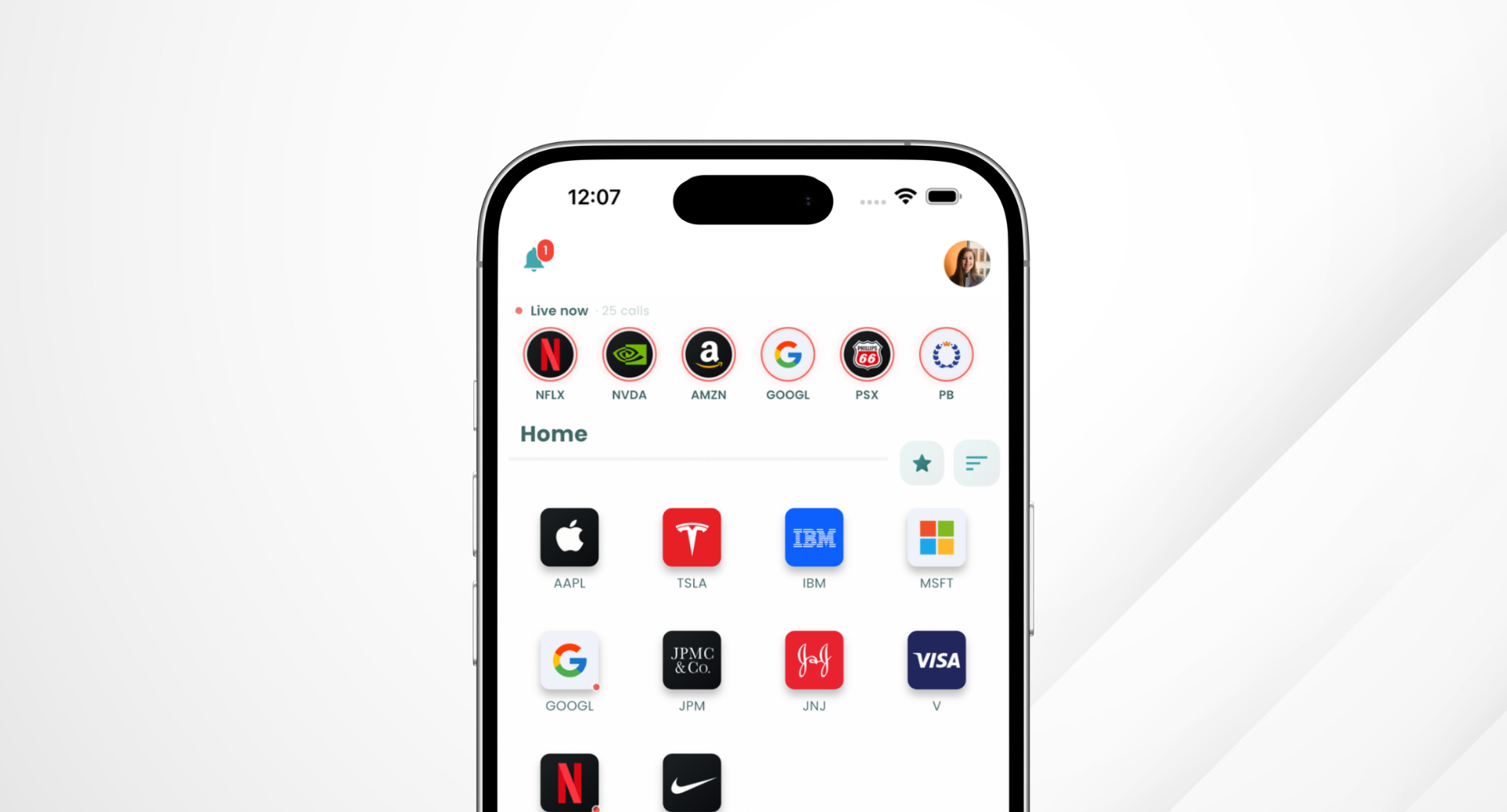 The Neylyzer home screen: live calls and the companies you follow